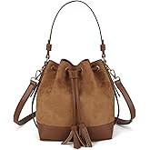 AFKOMST Faux Suede Bucket Bags and Drawstring Crossbody Purse for Women Medium Tote Handbags with 2 Shouder Straps | Fit Pad mini, Long Wallet, Removable Long Strap