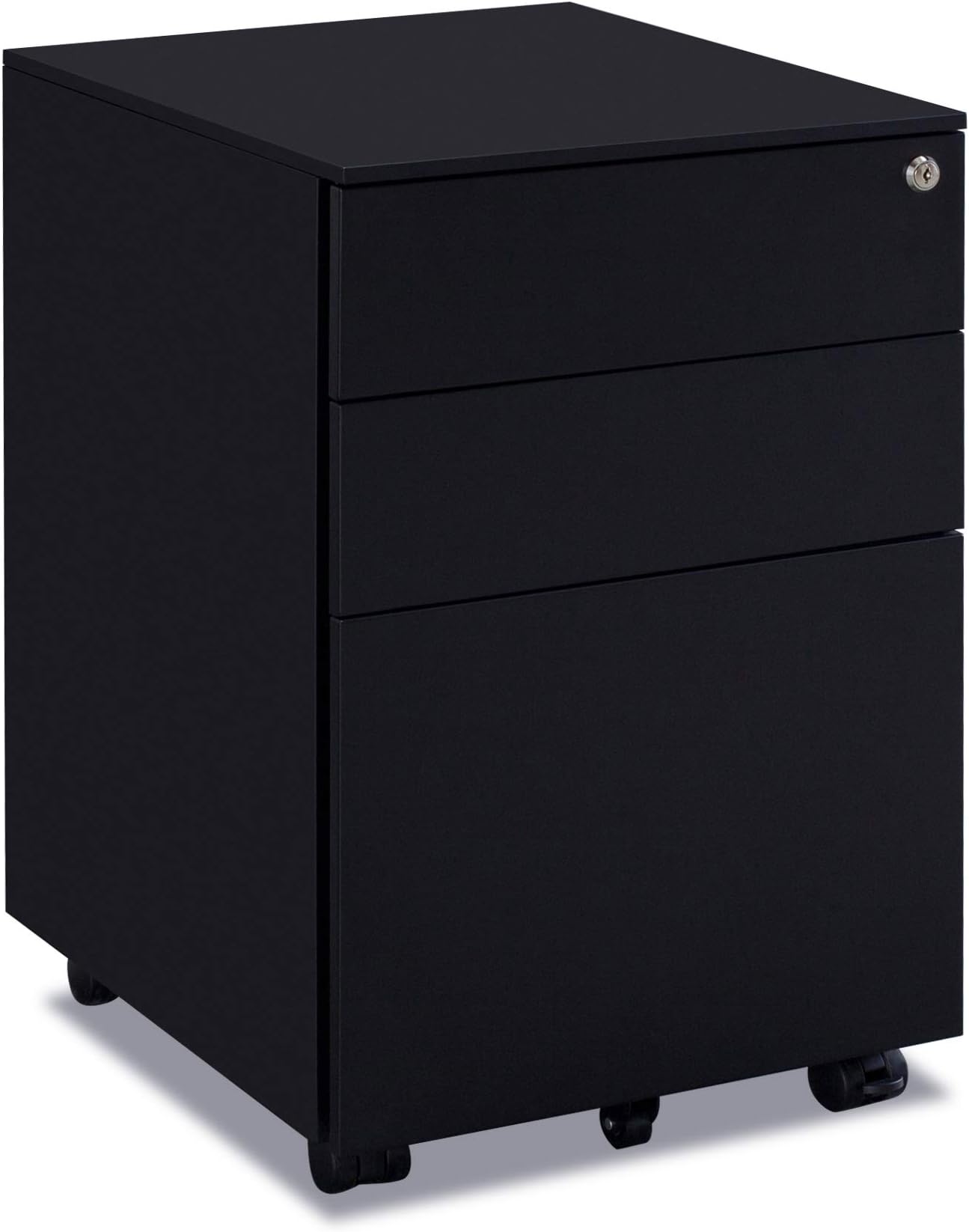 Danxee Fully Assembled Modern Design 3 Drawers Metal Mobile File Cabinet for Legal/Letter Size with Lock Key on Wheels for Home Office (Black)