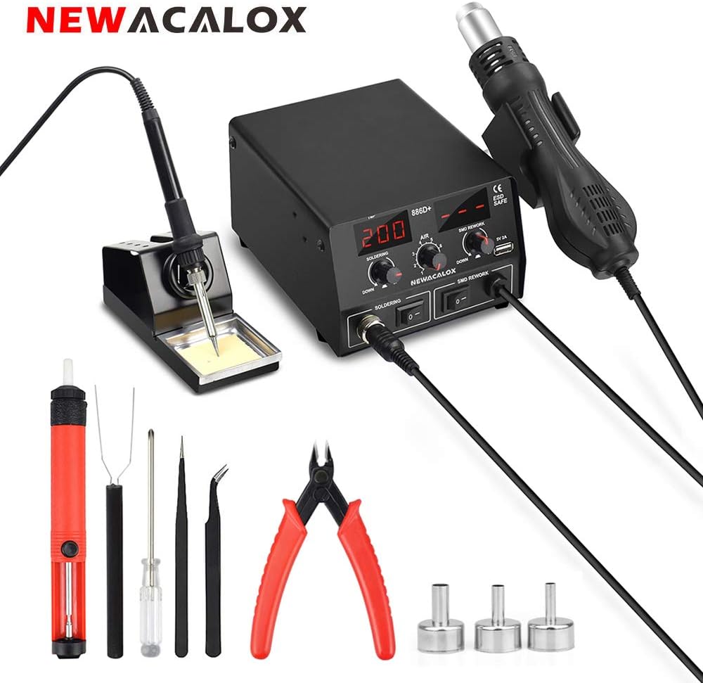 Hot Air Rework Soldering Station, 700W USB SMD 3 IN 1 Desoldering Workstation with 5V USB Charging Port, Infinite-Temperature-Regulation-Mode Soldering Station 110V (soldering rework station 6PC)