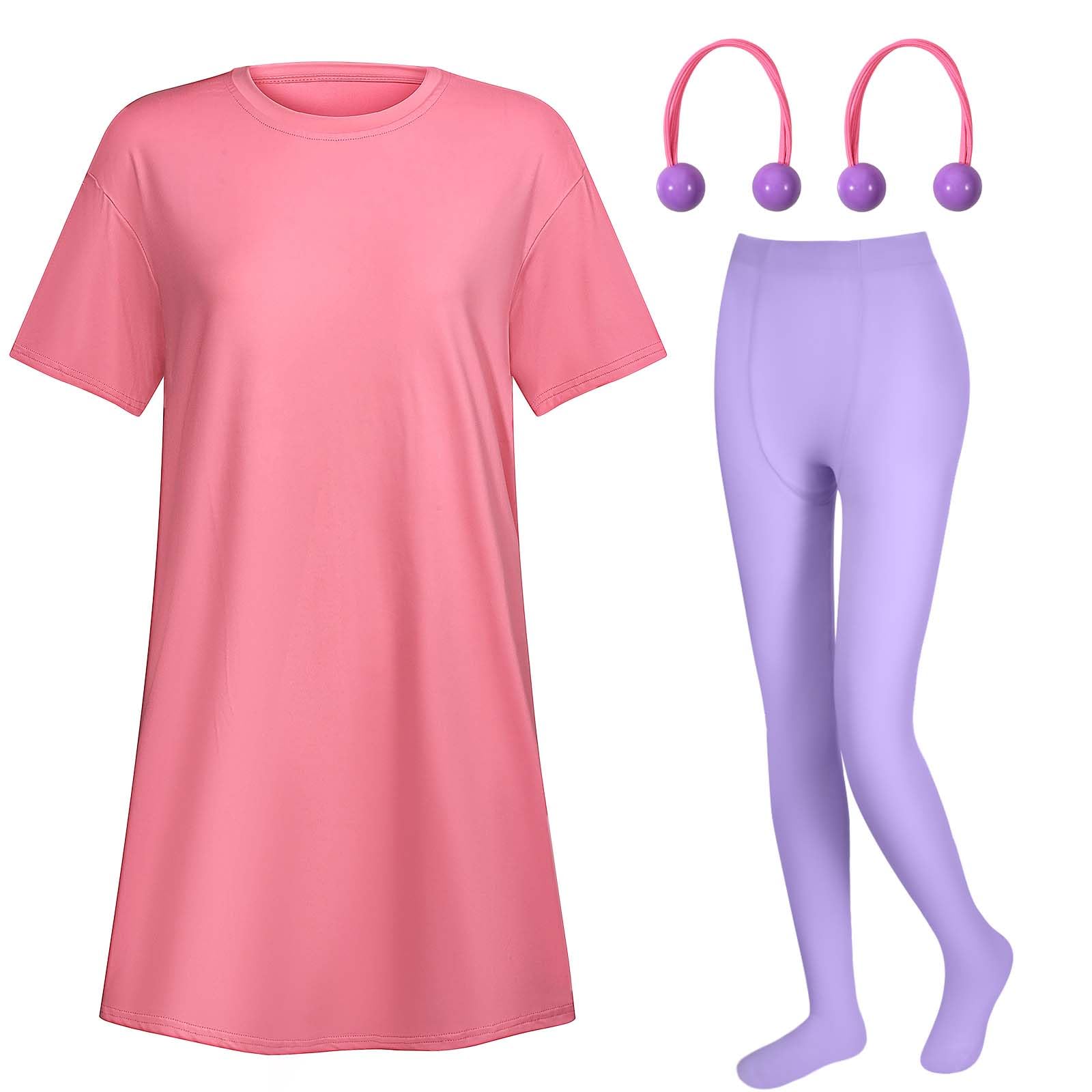 Photo 1 of *****PARTIAL SET****** GANSHAYA 4 Pcs Halloween Adult Costume Set Pink T-Shirt Loose Dress Tights Hair Ties for Women Halloween Cartoon Cosplay Party (Large)