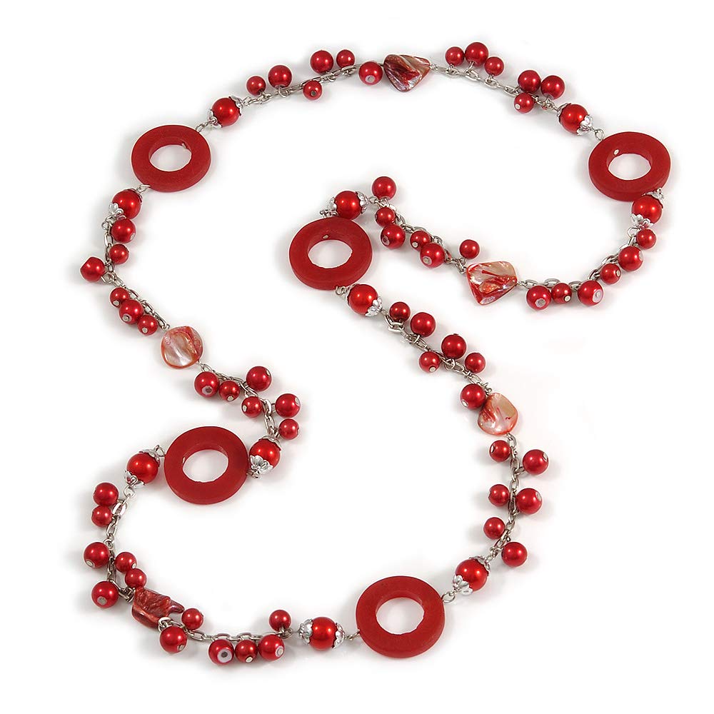 Avalaya Red Pearl Shell and Resin Ring with Silver Tone Chain Long Necklace/104cm Long