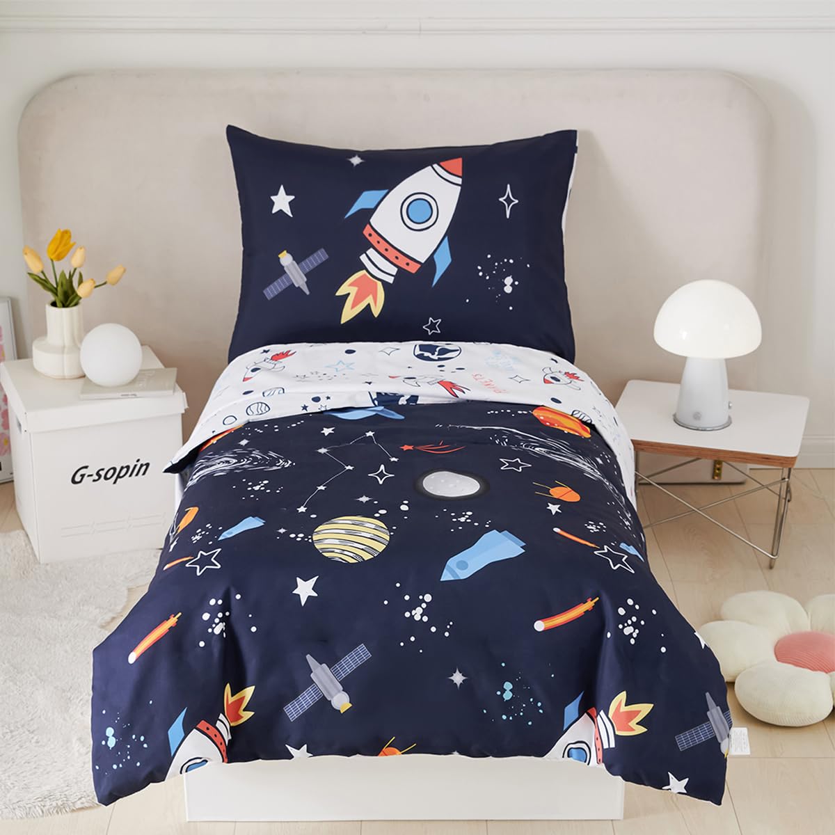 STYHO Duvet Cover Sets Double Dark Blue Space Rocket Printed Bedding Sets Kids Reversible Outer Space Themed Duvet Cover for Boys Girls(Dark Blue, Double) — image 1