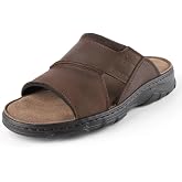 riemot Mens Leather Sandals Memory Foam Footbed Summer Beach Sandal Indoor Outdoor Thick Sole Non-slip Lightweight Slides Brown