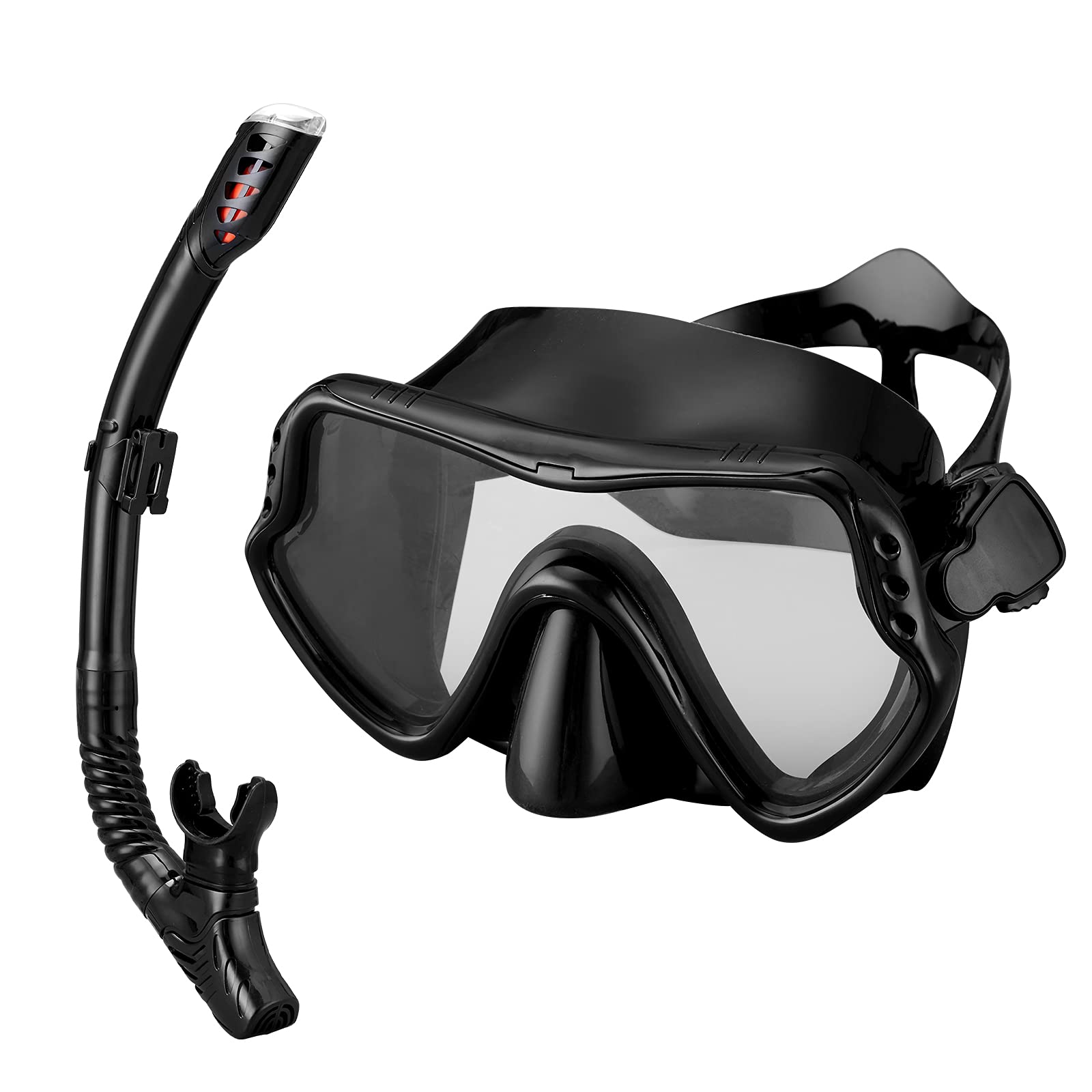 SixYard Dry Snorkel Set for Women And Men, Anti-Fog Tempered Glass Scuba Diving Mask, Panoramic Wide View Swimming Goggle, Easy Breathing and Professional Snorkeling Gear for Adults (Black)