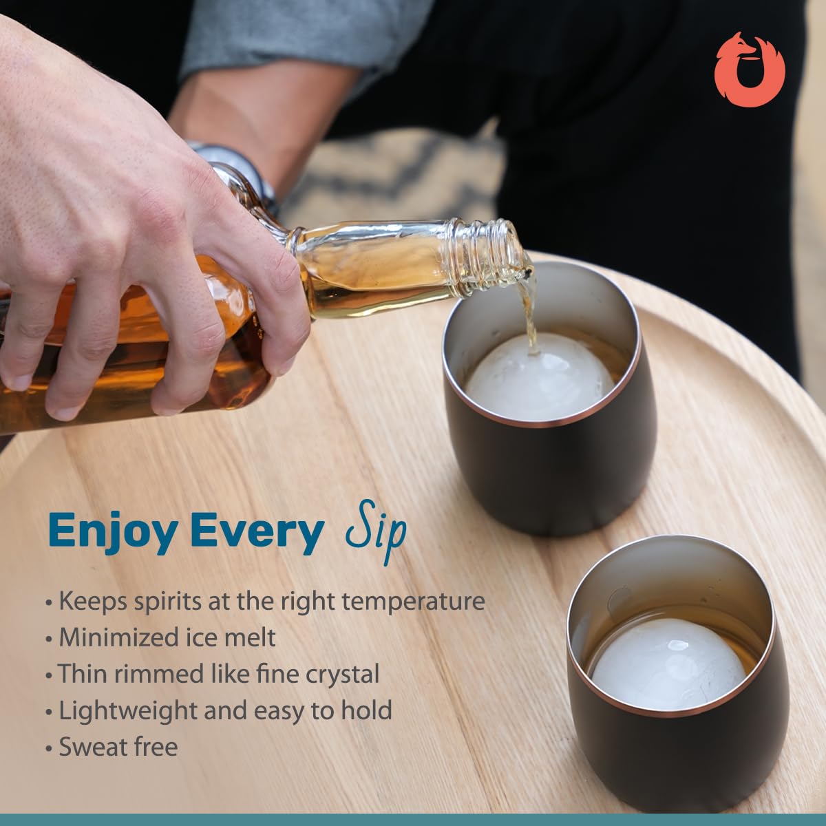 Snowfox Premium Vacuum Insulated Stainless Steel Whiskey Rocks Glass, Set of 2, Old Fashioned, Whiskey, Lowball Glasses, Elegant Home Bartending, Beverages & Cocktails Stay Cold, Black/Gold