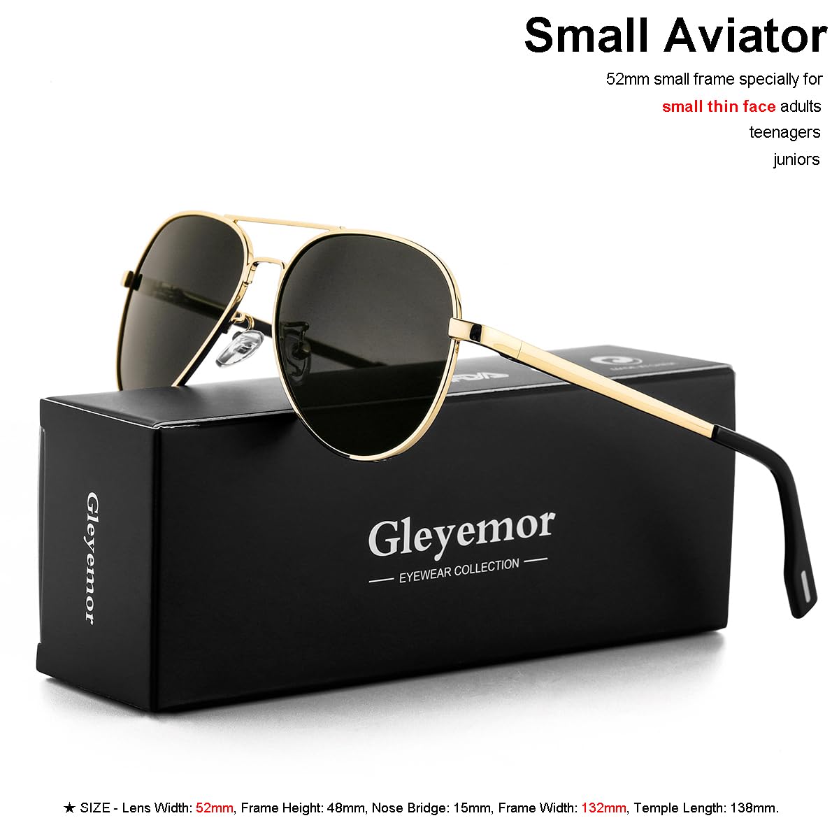 Gleyemor Polarized Aviator Sunglasses for Small Face Women and Men, 52MM Small Aviators 100% UV Protection