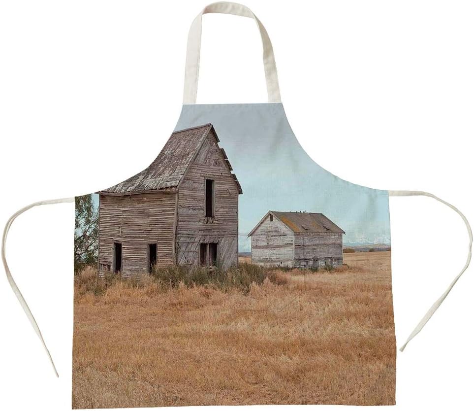 3D Printed Cotton Linen Big Pocket Apron,Farm House Decor,Abandoned Wooden House in Grain Agriculture Farmland with Tree Gloomy Weather Theme,Yellow Brown,for Cooking Baking Gardening