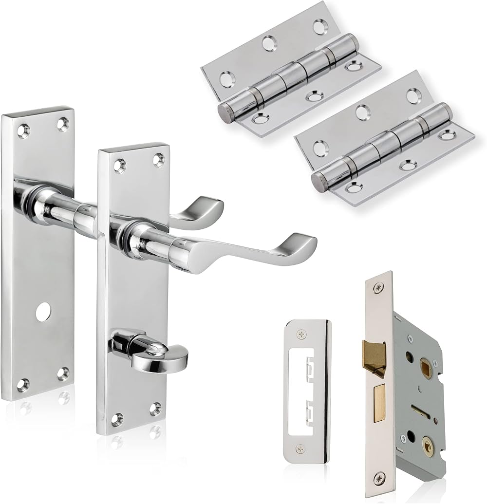 XFORT Polished Chrome Victorian Bathroom Handle Set 65mm Lock 75mm Hinges Wooden