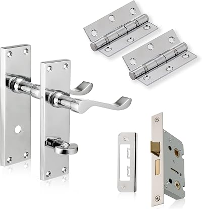 XFORT Polished Chrome Victorian Bathroom Handle Set 65mm Lock 75mm Hinges Wooden