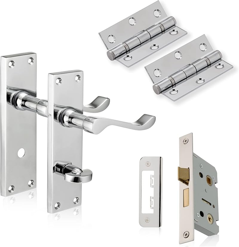 XFORT Polished Chrome Victorian Bathroom Handle Set 65mm Lock 75mm Hinges Wooden