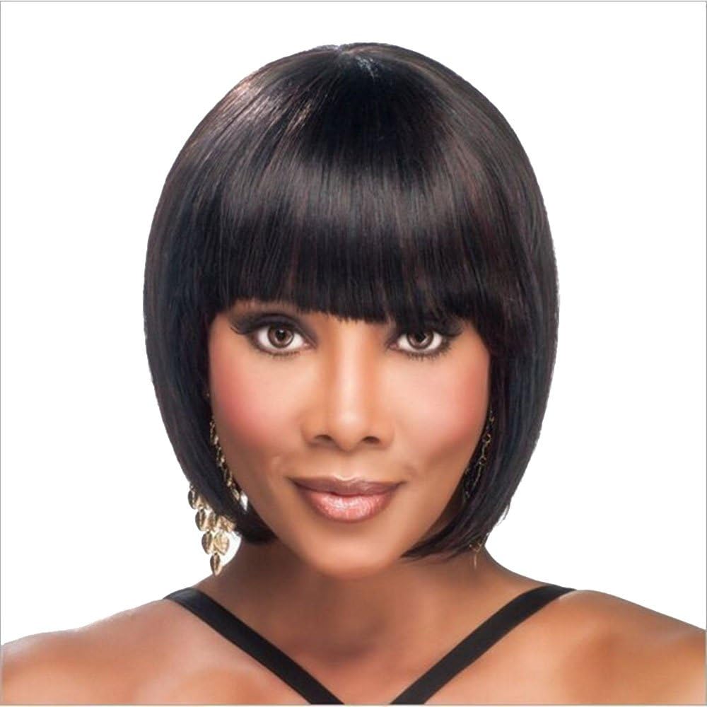 12 Inch Short Straight Hair African American Wigs for Black Women Teen Girls Party Daily Flat Bands Wigs Made with 100% High-temperature Fiber Wigs
