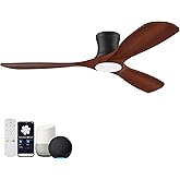 Hoenofly 52” Smart Wood Flush Mount Ceiling Fans with Lights Remote,Quiet DC Motor,Outdoor Indoor Low Profile Ceiling Fan,Voice WIFI Alexa App Control,Dimmable,6-speed,for Modern Bedroom Patio