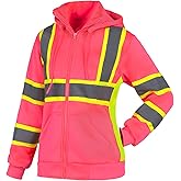 QELIN Hi Vis Pink Safety Sweatshirt for Women High Visibility Hoodie Reflective Jacket with Removable Hat