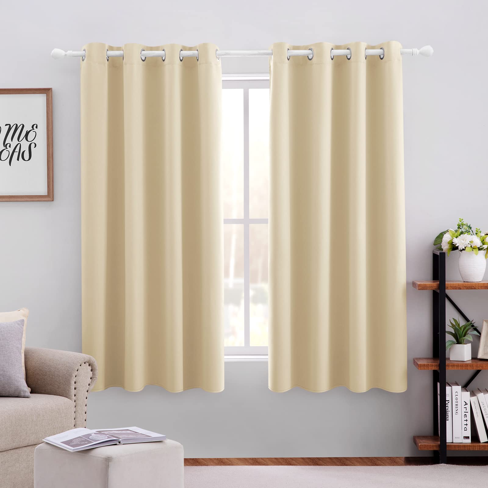 HOMEIDEAS Beige Blackout Curtains 2 Panels 52 X 63 Inch Drop Room Darkening Eyelet Curtains for Bedroom, Thermal Insulated Light Blocking Window Drapes
