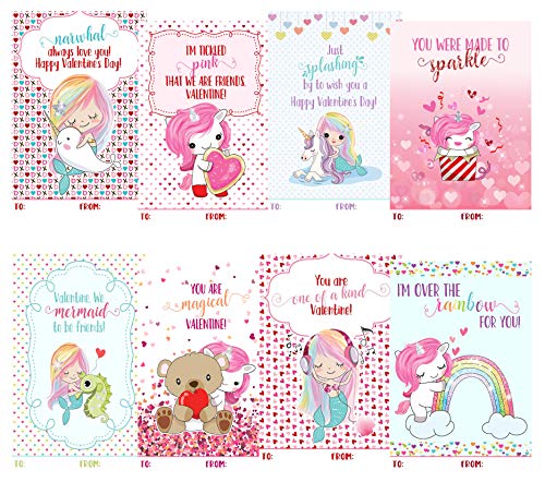 Magical Unicorn Mermaid Narwhal Themed Valentine Day Classroom Sharing Card Set (24 Included)