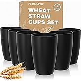 Perlapoc Wheat Straw Large Cup Set of 6, Unbreakable 20 OZ Tumbler, Alternative to Plastic Reusable Cups for Kitchen & Outdoor, Stackable Drinking Glasses, Dishwasher Safe Cup Set, Black