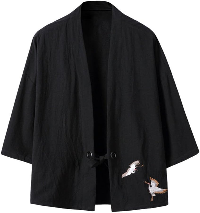 HZCX FASHION Men's Cotton Blends Linen Open Front Cardigan Kimono Jackets