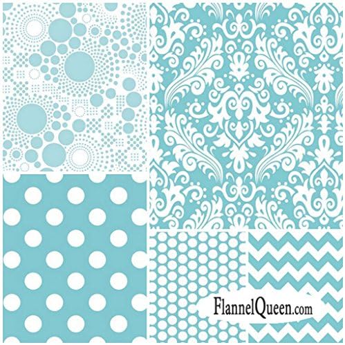 Riley Blake Flannel Basics Aqua White Fabric Bundle, contains 5 Fat Quarter Cuts