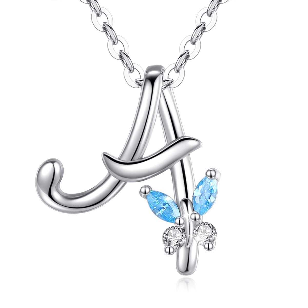 EUDORA Initial Butterfly Necklace 925 Sterling Silver a Alphabet Letter Personalised Pendant Necklaces with Blue Cubic-Zirconia Gifts for Women Ladies Mother's day, 18 inches Chain — image 1
