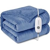 Electric Heated Blanket, Denim Blue, Throw 50"x60", Flannel and Sherpa | 5 heat settings, 3-hour auto-off, machine washable, for sofa, office, TV time, same color on both sides, soft, cozy comfort