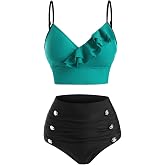 DRESSFO Retro Two Piece Bikini Sets Gothic Bathing Suit | High Waisted Bikini Sets, Gothic Bat, Moon Star Print,Flower print, Vintage,Tummy Control, Bathing Suit,retro bikini set