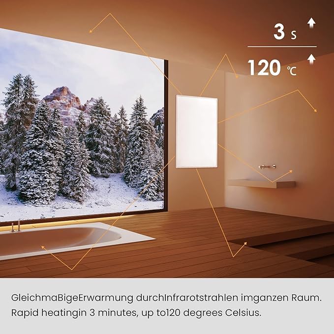 Hocosyme Infrared Heater, 600 Watts, Wall-Mounted, up to 120 °C, for 3–15 m2, Reaches Operating Temperature in 1–3 Minutes, TÜV-Certified