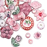 SUNNYCLUE 30Pcs 15 Styles Pink Ceramic Flower Beads Porcelain Craft Beads Aesthetic Spring Floral Round Ball Butterfly Small Smooth Loose Spacers for Jewelry Making Bracelets Necklaces DIY Crafting
