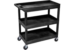 LUXOR EC111-B Heavy Duty Plastic Utility Cart, 32" x 18" Rolling Tub Cart with Three Shelves, 300 lbs. Capacity, Ergonomic Push Handle, Black
