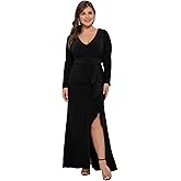 Betsy & Adam Women's Plus Size Long Sleeve Stretchy V-Neck Wrap Formal Dress w/Slit