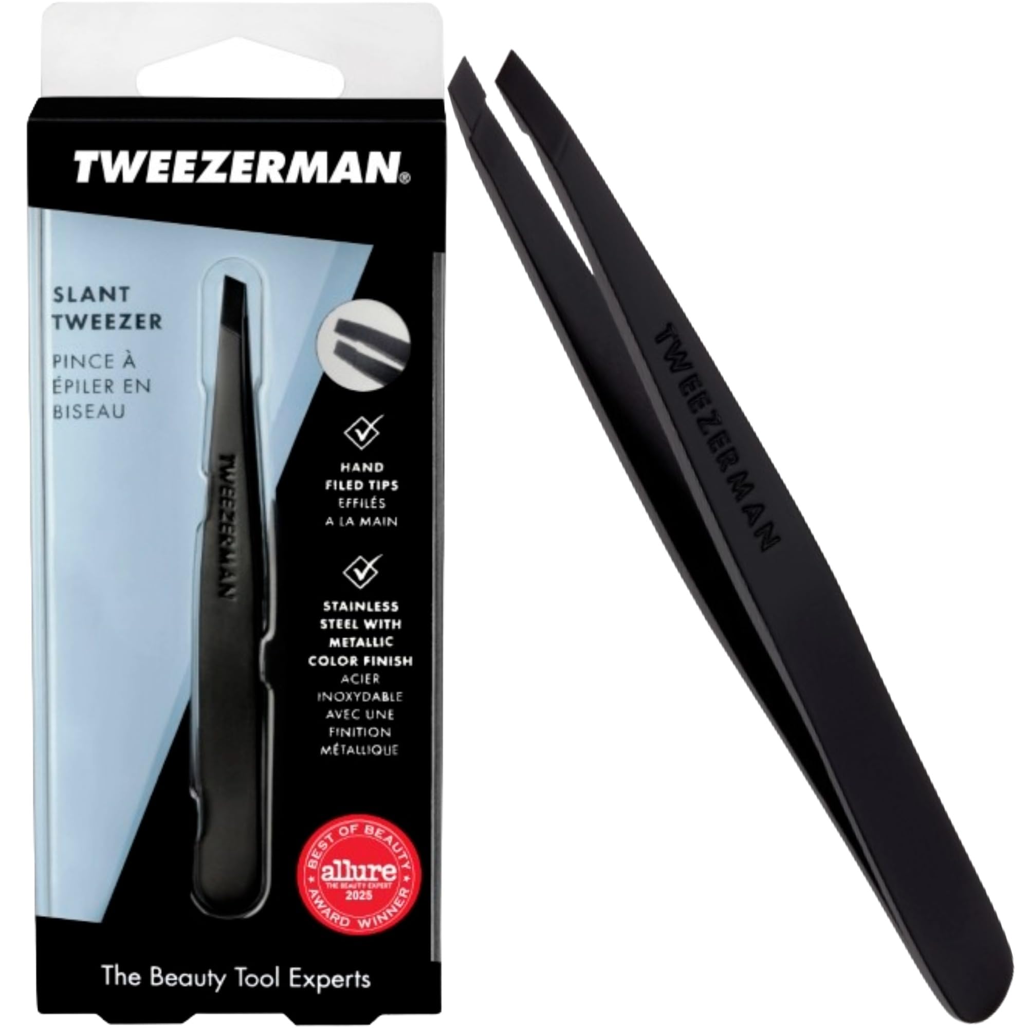 Tweezerman Black Matte Slant Tweezer, Professional Stainless Steel Precision Tweezers for Facial Hair and Eyebrows, (Pack of 1)