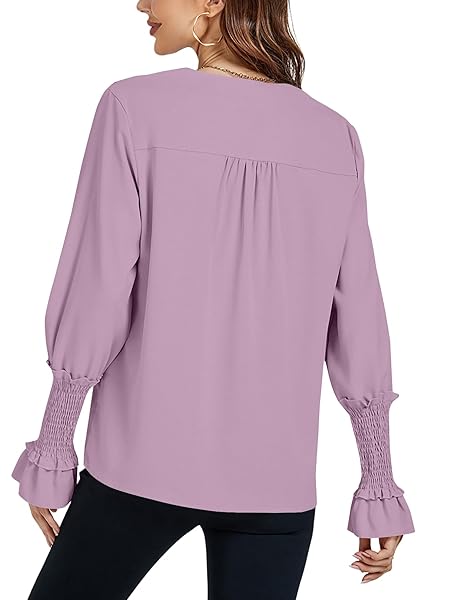 LYANER WOMEN’S V NECK SHIRRED BELL LONG SLEEVE BLOUSE CASUAL TUNIC TOP LILAC LARGE