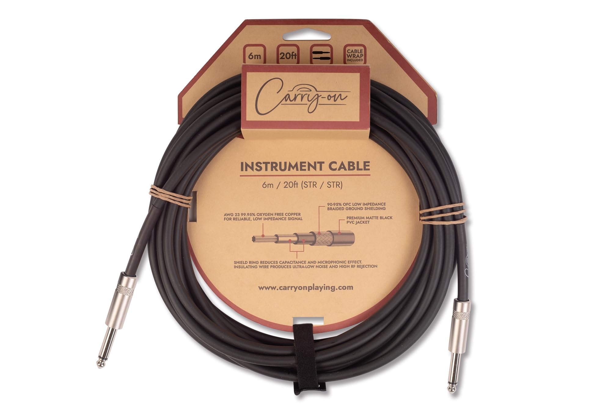 Carry-on 6m (20ft) Instrument Cable Straight ¼” Jack to Straight ¼” Jack for Bass/Electric Guitar/Electro-Acoustic/Keyboard/Amp