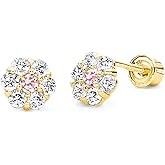 14k Yellow Gold Flower Stud Earrings with Screw Back - 12 Different Color Available