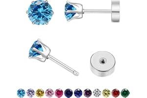Hypoallergenic Birthstone Stud Earrings for Women Brilliant Cut Round Cubic Zirconia Flat Back Earrings Surgical Steel Cartil