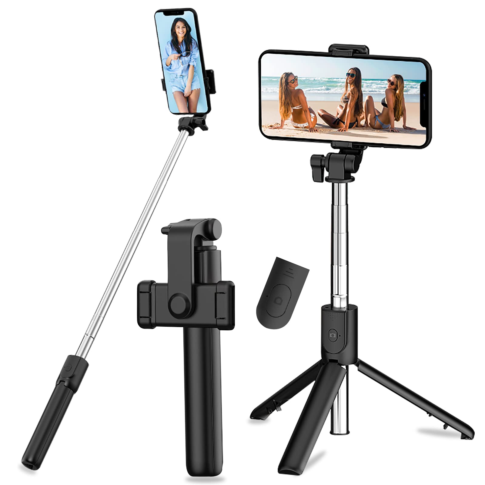 Selfie Stick, 3-in-1 Selfie Stick, Bluetooth Selfie Stick, Tripod Selfie Stick, Extendable Telescopic Monopod with Removable Remote Control & Stable Stand