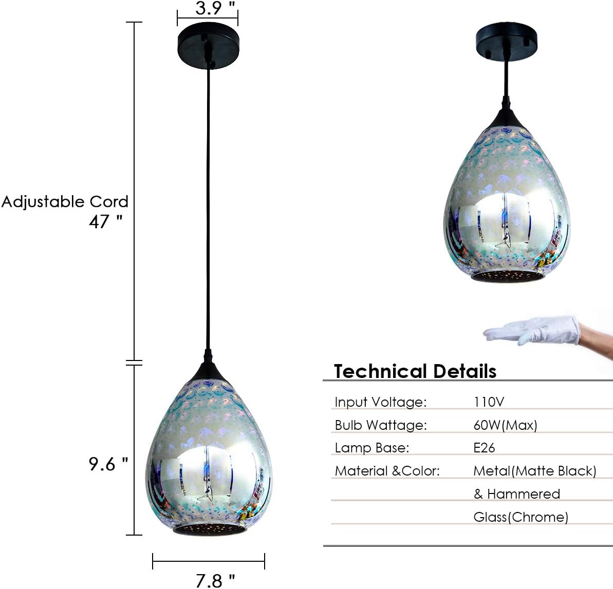 3d Glass Pendant Light, Modern Kitchen Pendant Lighting with Colored Hammered Shade, 3D Reflection Glass Hanging Pendant Ceiling Light Fixture for Living Room Bedroom Island Restaurant Bar, 8in Chrome - - 