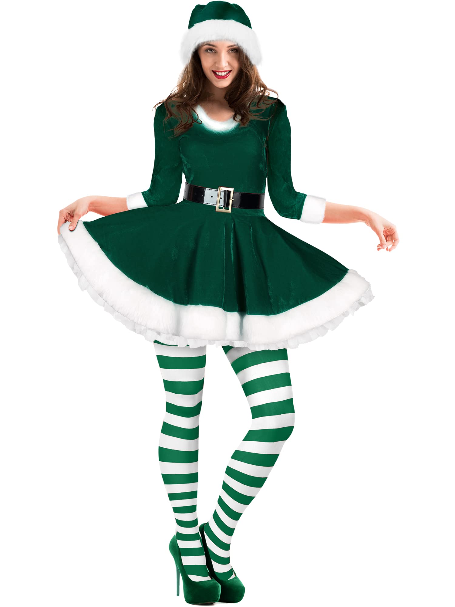 View 1 of ***(missing tights)***Geyoga Women's Santa Claus Costume Set Velvet Dress with Belt Women's Xmas Striped Tights Santa Hat Set Dress Cosplay(Medium,Green)