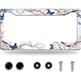 Cherry Blossom Butterfly License Plate Frame Funny Flowers License Plate Frames Stainless Steel Accessories Cars Decor with 2 Holes and Screws Fits Standard Us Ca Vehicles Size 12.2 X 6 Inches