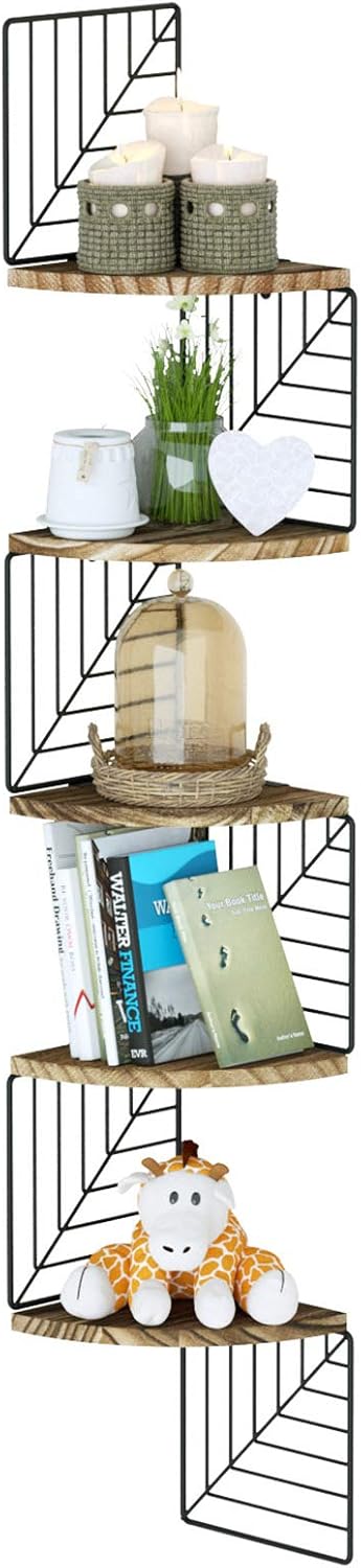 Love-KANKEI Corner Shelf Wall Mount of 5 Tier Rustic Wood Floating Shelves Wall Shelves for Bedroom Living Room Bathroom Kitchen Office and More Carbonized Black: Home & Kitchen