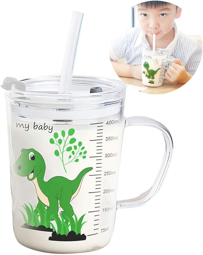 Tasse Dapprentissage Avec Paille Silicone Enfants Bebe Tasse A Lait En Verre Tasse Deau Poignee Double Verre Transparent Avec Echelle Et Couvercle Anti Fuite Tout Petit Tasse Verre 400ml Bebe Et Puericulture Le Repas