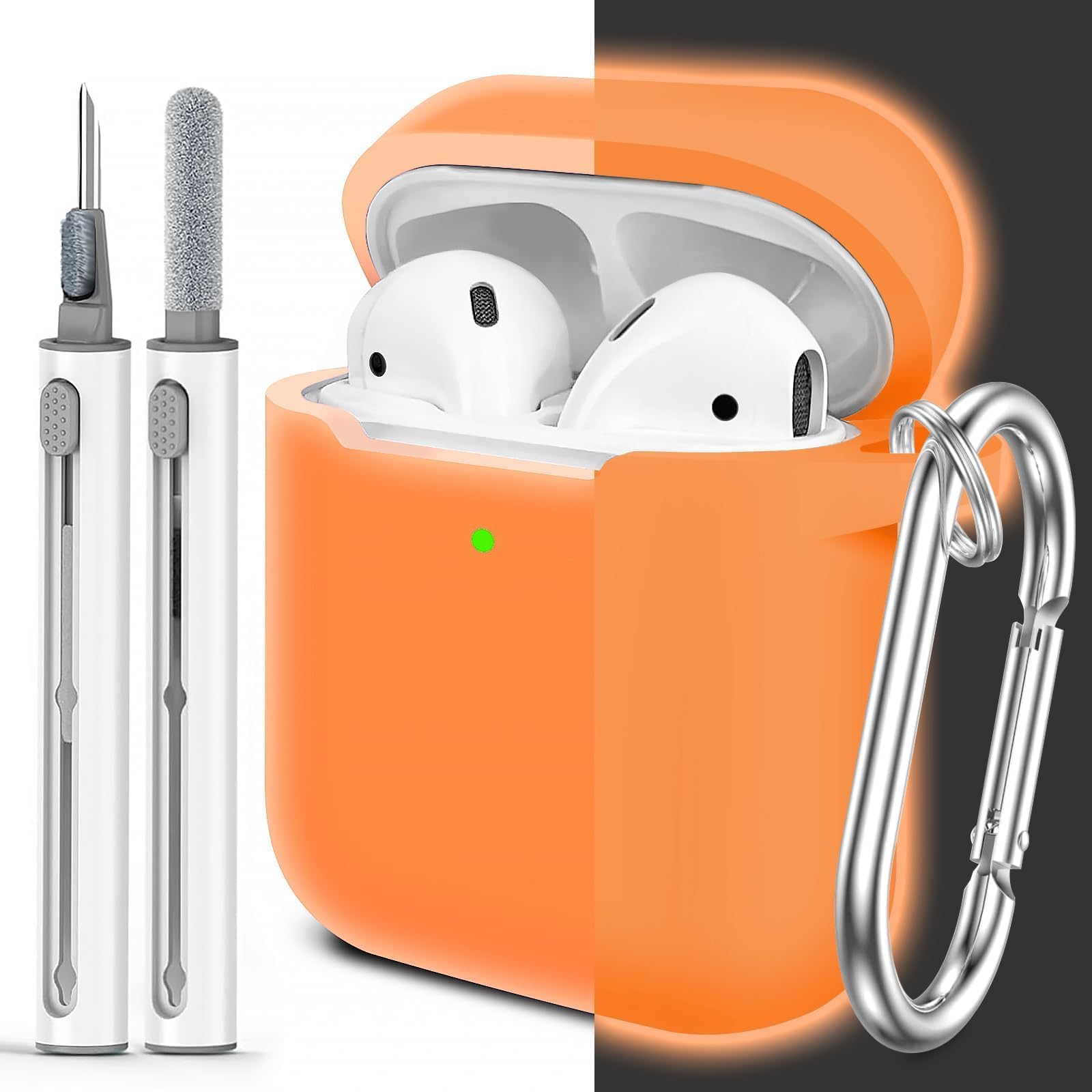 Photo 1 of Woyinger for AirPods Case Cover, Come with Cleaner Kit, Soft Silicone Protective Cover with Buckle, Compatible with Apple AirPods 2nd 1st Generation Charging Case, Front LED Visible, Luminous Orange