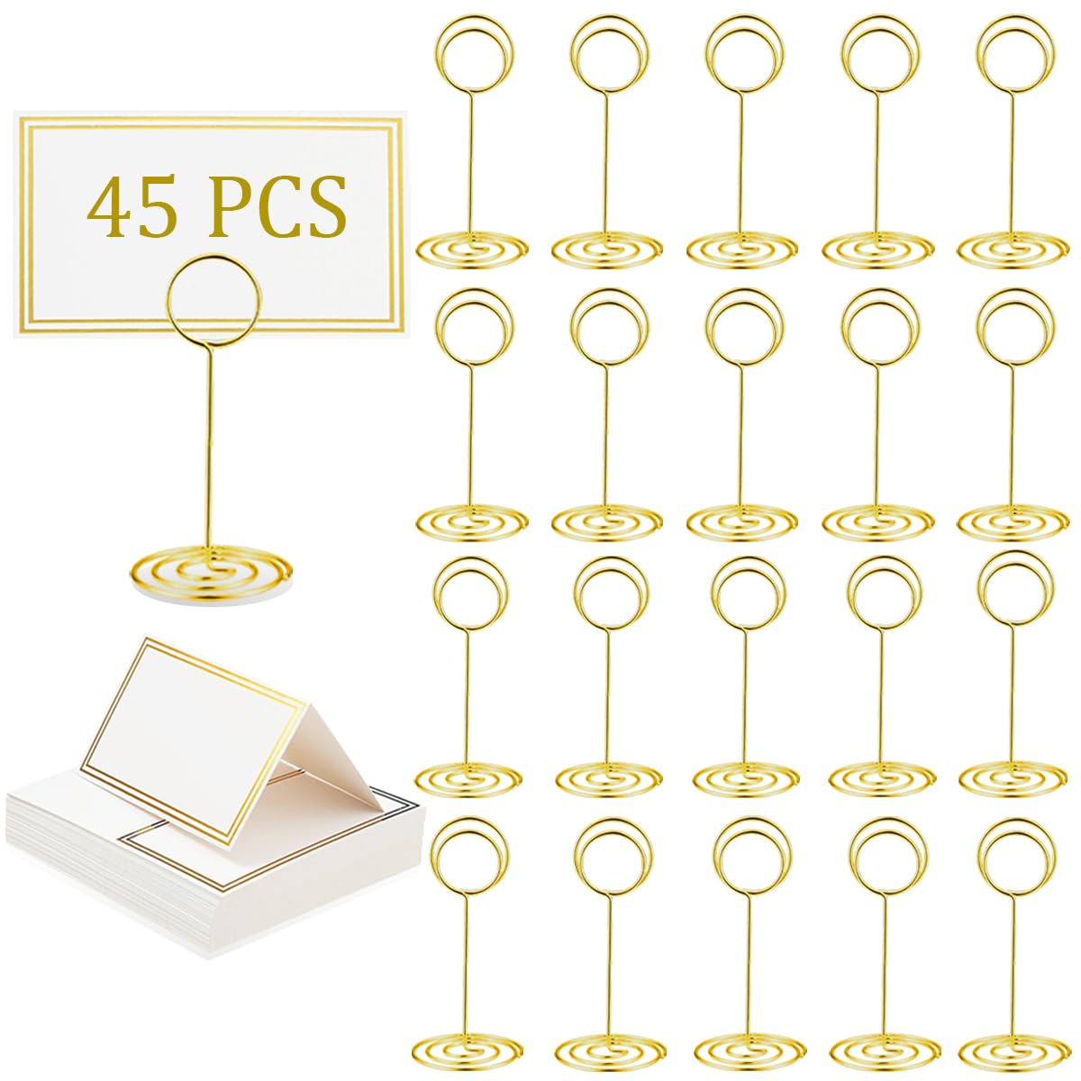 XingyLi 45pcs Table Number Holders Set, 3.35 inch Gold Wedding Place Card Holder with Place Cards, Table Number Stands, Wire Memo Picture Photo Name Card Holders, Menu Clips for Party Banquet Office