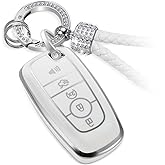 CTRINEWS for Ford Key Fob Cover with Luxury Diamond Braided Keychain, Upgraded Soft Case for Fusion F150-F550 Edge Escape Explorer Bronco Maverick,etc.(5 Button) (Silver Bling,B)