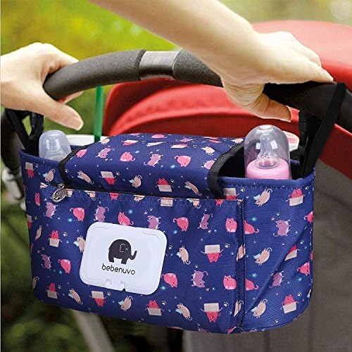 Baby Stroller Organiser Bag Pushchair Storage Bag, Pram Cup Holder Tidy Organiser, Buggy Bag Organiser Pouch Universal, Baby Diaper Bag Waterproof, with Clips, Straps & Powerful Velcro. (Cyan Cat)