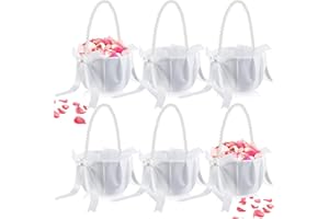 Geetery 6 Pieces Flower Girl Baskets for Weddings with Cute Pearl Handle White Bowknot Satin Flower Baskets for Wedding Ceremony (Exquisite Style)