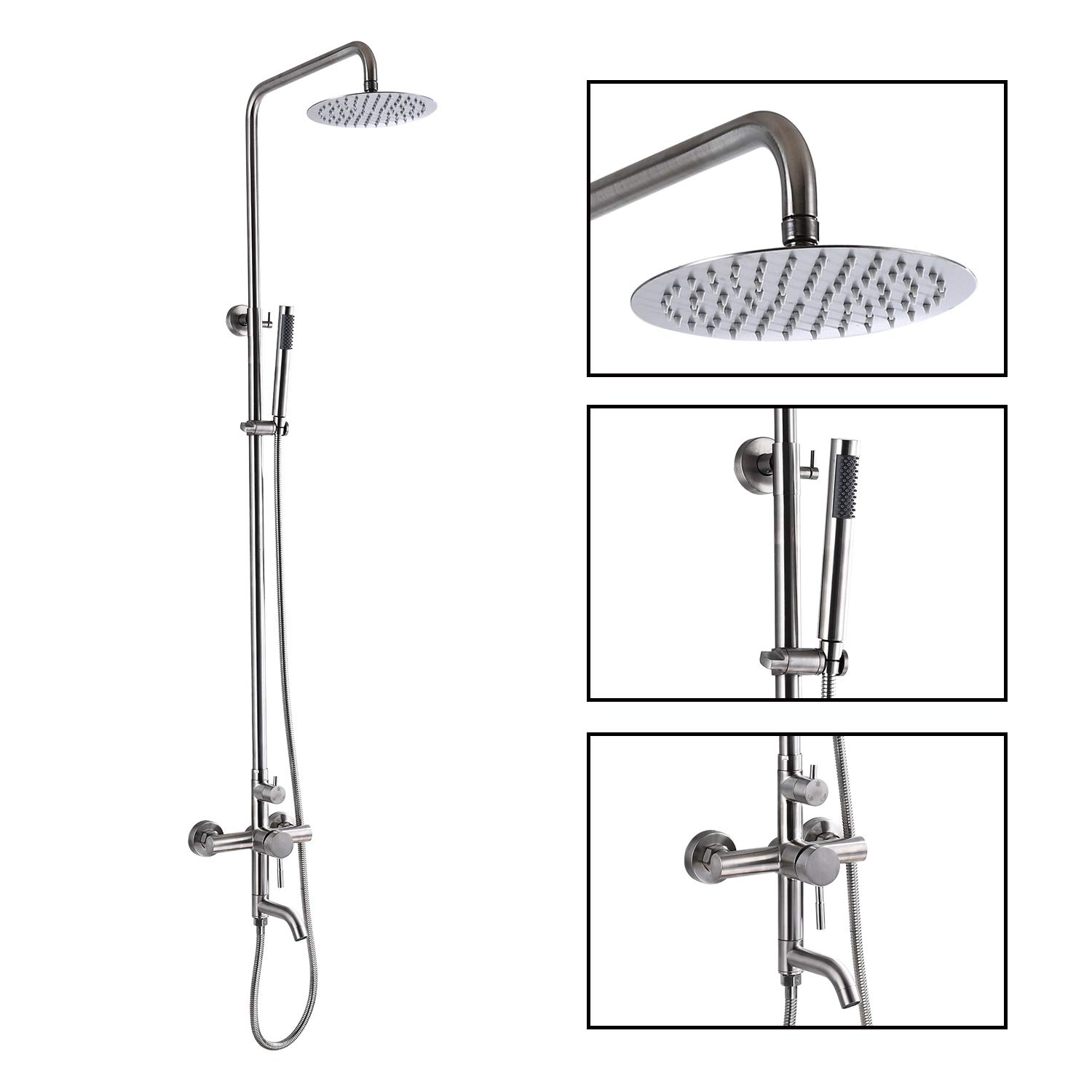 Stainless Steel SUS304 Silver Shower faucet Set Wall Mount Triple Function Shower System 8 inches Shower Head Bathroom Adjustable Hand Spray Rainfall Brushed Nickel Shower Faucet Complete Set