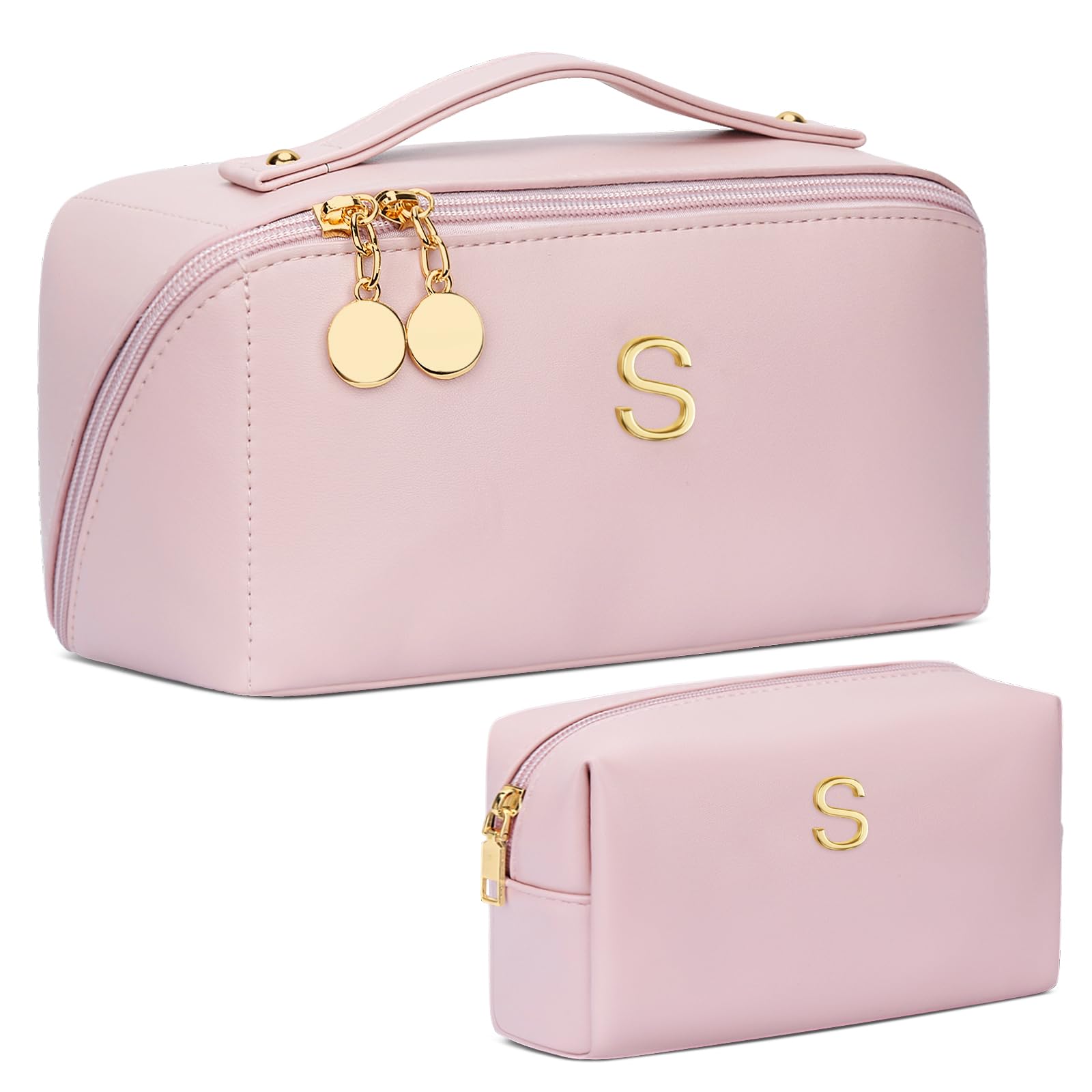 Photo 1 of CLOUDWINGS Birthday Gifts for Women Teen Girl, Personalized Initial Makeup Organizer Bag Set, Open Flat Travel Cosmetic Bag With Clear Divider and Handle(Pink,S)