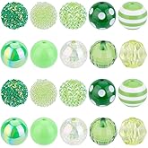 PONABEADIY 1 Box 20pcs Green Christmas Round Beads Acrylic Bubblegum Resin Rhinestone Disco Ball Striped Dots Rhinestones Loose Spacer Bead Charms Bulk for Jewelry Making Bracelets DIY Craft Supply