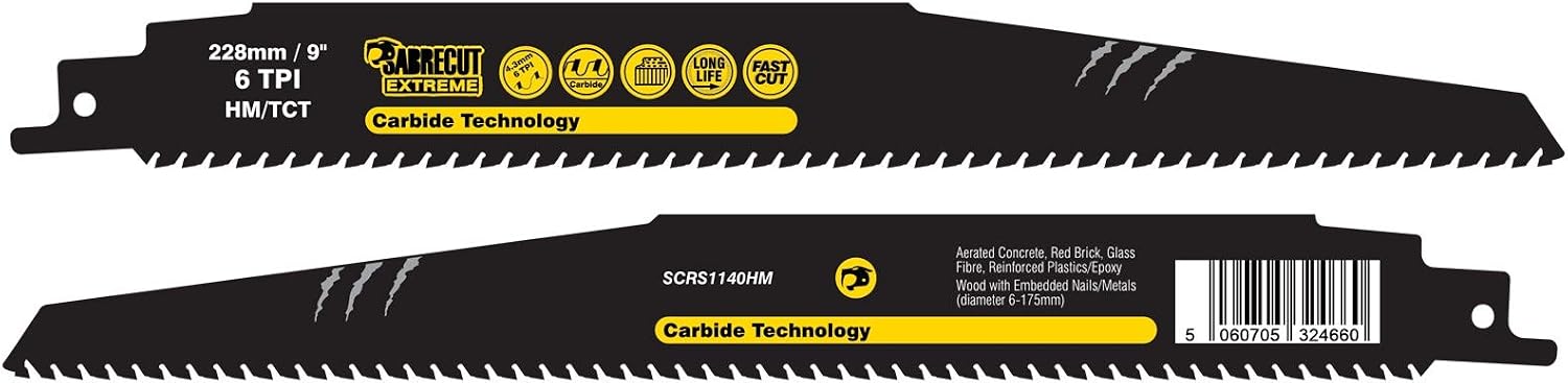 2 x SabreCut SCRS1140HM_2 Tungsten Carbide 228mm 6 TPI S1140HM Aerated Concrete Brick Plastic and Metal Straight Cutting Reciprocating Sabre Saw Blades - Image 3