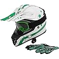 XFMT DOT Youth Kids Motocross Offroad Street Dirt Bike Helmet Goggles Gloves ATV Mx Helmet, Green Star